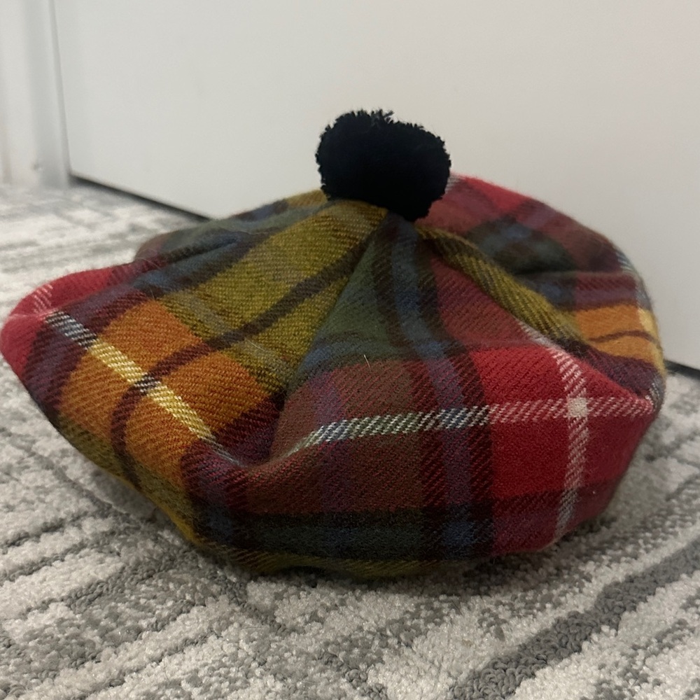 Plaid Beret with Pom Pom